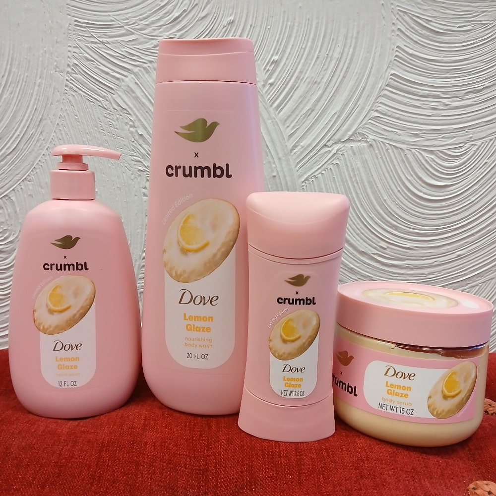 Dove × Crumbl Lemon Glaze Body Wash, Hand Wash, Deodorant and Body Scrub Set.